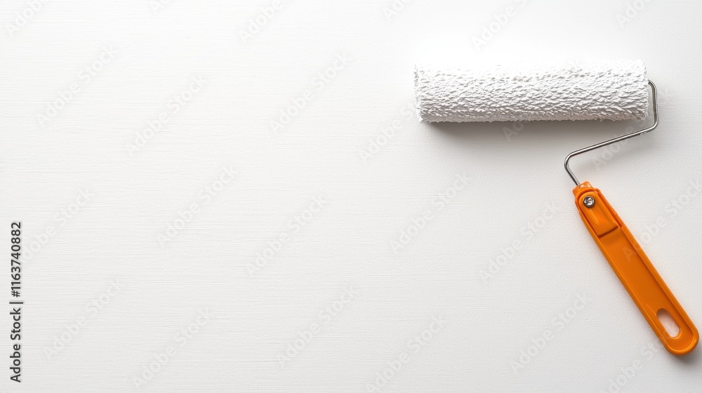 Poster a clean fresh paint roller resting on a plain white background with soft natural shadows creating a 