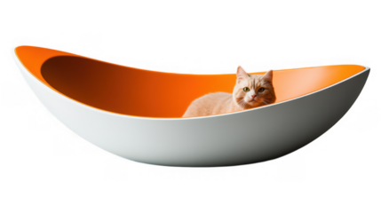 Surreal Whimsy: Cat Floating in Oversized Orange Bowl on Water with Dark Background Reflection