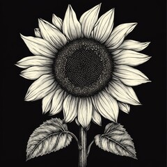 Fototapeta premium Monochrome illustration of a sunflower with detailed petals, stem, and leaves against a black background.