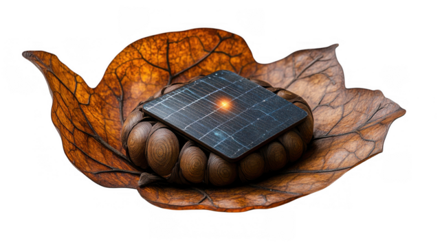 Abstract Leaf with Embedded Black Cube in Dark Background - Nature Inspired Artwork