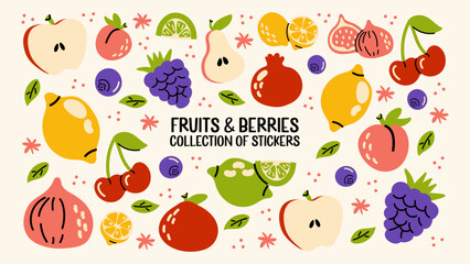Cartoon stickers fruits and berries. Set of tropical exotic fruits in retro doodle groovy style. Vegetarian healthy food, vitamins