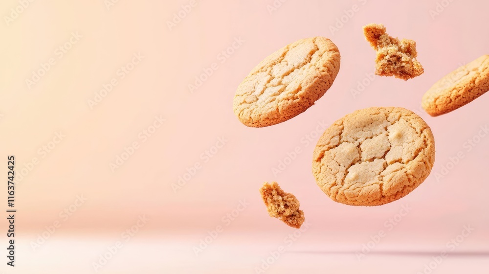 Poster minimal cookies concept. freshly baked cookies floating in the air against a soft gradient backgroun