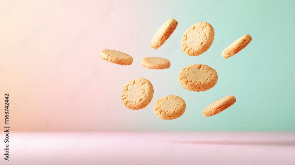 Poster minimal cookies concept. delicious cookies floating in the air, creating a whimsical dessert scene.