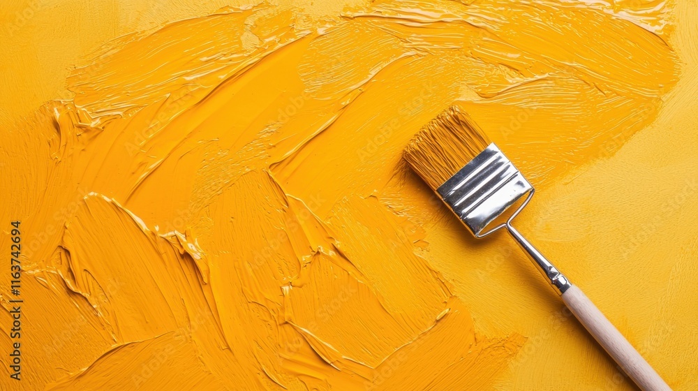 Poster closeup view of a paint roller blending and layering metallic gold paint onto a textured surface cre