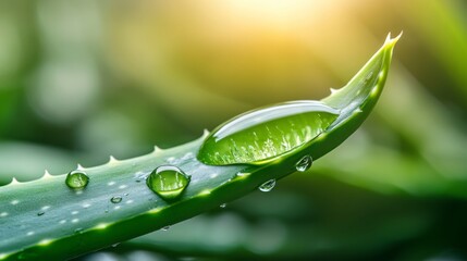 Fototapeta premium A close-up view of a vibrant aloe vera leaf adorned with sparkling water droplets, illuminated by gentle sunlight, surrounded by green foliage in a serene garden