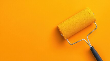 Closeup view of a paint roller blending and applying metallic gold paint onto a textured surface creating a modern