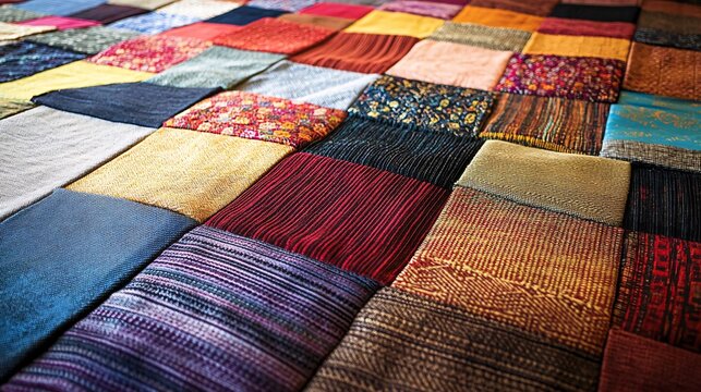 beautifully arranged patchwork of fabrics in warm and varied tones, highlighting cultural diversity and geometric patterns