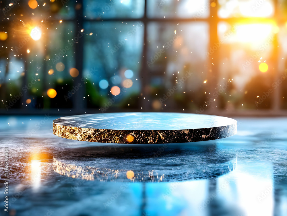 Poster empty round marble podium on reflective floor with blurred background and bokeh.