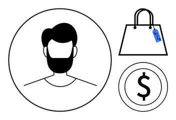 Male user icon and a shopping bag with a sale tag, alongside a dollar sign. Ideal for online shopping, consumer behavior, e-commerce, retail, digital marketing, advertising finance. Simple abstract