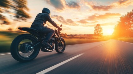 A motorcyclist rides swiftly on an open road while the sun sets in the background. The sky is filled with hues of orange and pink, casting a warm glow over the landscape and trees