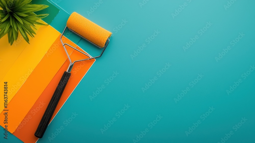 Poster vibrant paint roller resting on a palette of bright vivid colors creating an abstract and background