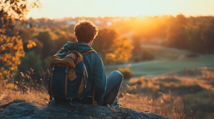 Man sitting on a rock and watching the sunset over a valley.