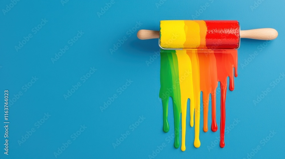 Aufkleber visually striking abstract shot of a paint roller with dripping multicolored paint effects against a