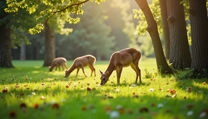 Fototapeta premium Grazing deer in a sunlit green forest