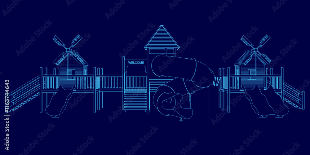 Poster the image is a blue drawing of a playground with a slide and a merry go round. the slide is located 