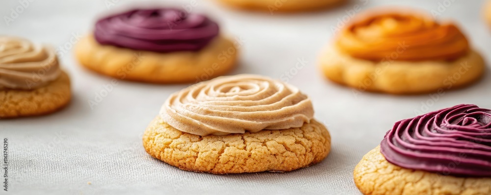 Poster minimal cookies concept. colorful cookies with various frosting swirls on a light background, perfec
