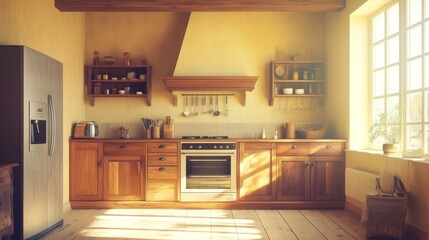 Fototapeta premium Retro kitchen empty light interior with wooden table, furniture and appliances. Oven, range hood refrigerator. Vintage cooking room in apartment illuminated with sunlight, Cartoon vector illustration