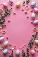 Easter theme pink background with copy space in the middle and easter eggs and other elements on the outside