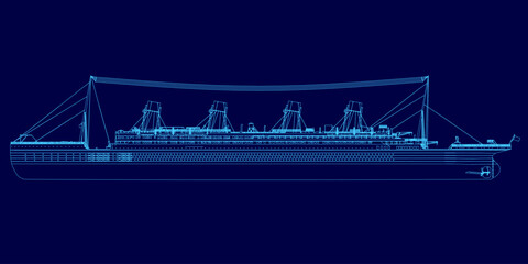Blue drawing of a ship. The ship is a cruise ship and is shown in a very detailed manner