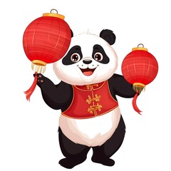 Fototapeta premium Cute Panda Celebrating Chinese New Year: A delightful cartoon panda in a traditional red vest, holding two bright red lanterns, radiating joy and celebrating the Lunar New Year.