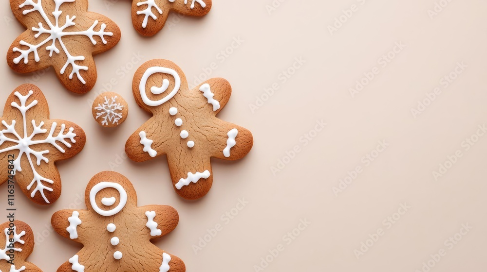 Aufkleber minimal cookies idea. decorative gingerbread cookies in festive shapes arranged on a light backgroun
