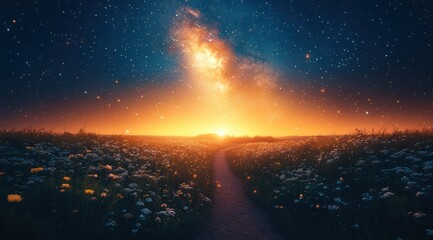 Serene sunset over a flower field with the Milky Way galaxy visible in the night sky.