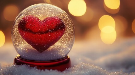 Fototapeta premium Red heart in Glass snow globe on red background,valentine decorative design,romantic of a declaration of love or holiday Valentine Day concept.
