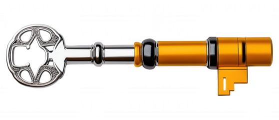 [Futuristiclooking key with advanced features]  Futuristic Key Concept with Advanced Screen Display and High-Tech Accessories in Silver and Yellow