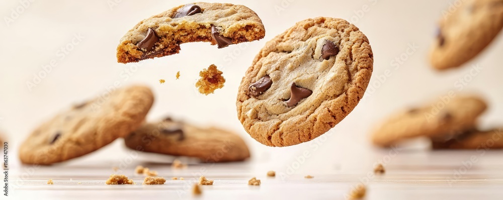 Poster minimal cookies concept. delicious chocolate chip cookies floating with crumbs in a light background