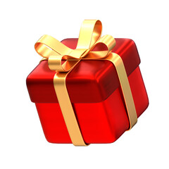A red gift with a gold ribbon, presented in a 3D design with a transparent background in PNG format, serves as a design element or gift icon