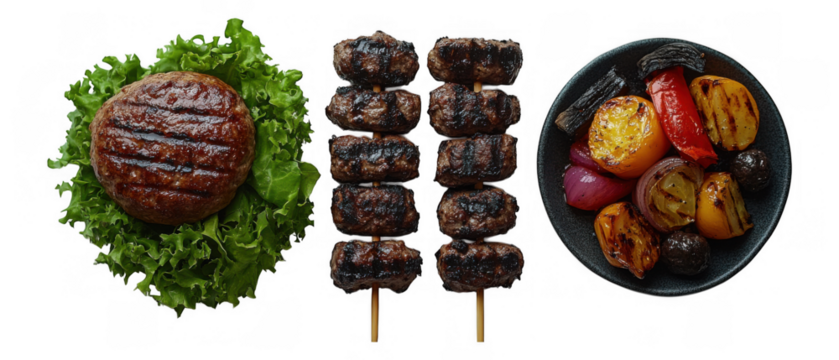 [Colorful skewers with grilled chicken and vegetables] Delicious Global Cuisine Arrange Display with Grilled Chicken and Fresh Vegetables on Black Background. - Powered by Adobe
