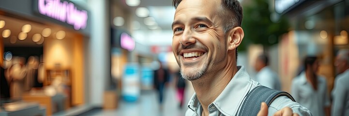 Fototapeta premium A happy man strolls through a vibrant mall, displaying his contentment while shopping. His relaxed attitude enhances the enjoyable atmosphere of the shopping center