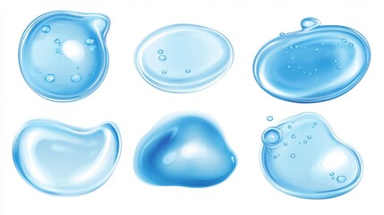 Liquid spills, water drops and puddles isolated on transparent background. Clear droplets of pure aqua, blue cosmetic serum or gel in top view, vector realistic set