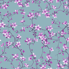 Naklejka premium Seamless Pattern Design with Pink Floral Branches and Leaves on a Background – Perfect for Home Textiles, Fabric Design, Wall Decor, Scrapbooking, Digital Paper, Notebooks, and More