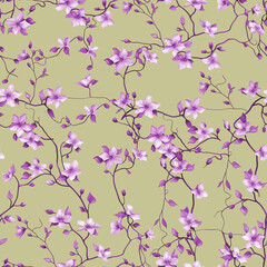 Fototapeta premium Seamless Pattern Design with Pink Floral Branches and Leaves on a Background – Perfect for Home Textiles, Fabric Design, Wall Decor, Scrapbooking, Digital Paper, Notebooks, and More