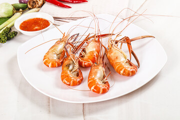 Boiled tiger prawn with sauce
