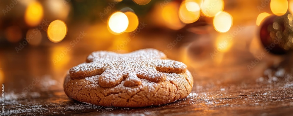 Poster minimal cookies idea. gingerbread cookie decorated with powdered sugar on a festive background.