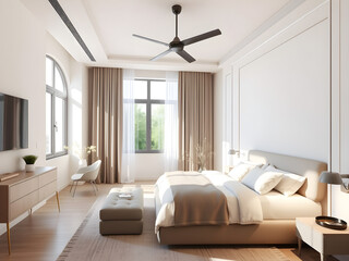 Fototapeta premium A bedroom with a white bed, a dresser, and a television