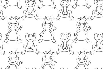 Seamless black and white pattern featuring cute cartoon frogs and frog princes wearing crowns for kids coloring.