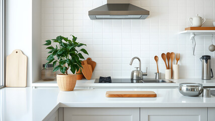 Fototapeta premium A kitchen with a white countertop and a plant on it