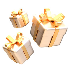 Three gold gifts with gold ribbons, arranged in a 3D design with a transparent background in PNG format, serving as design elements or gift icons