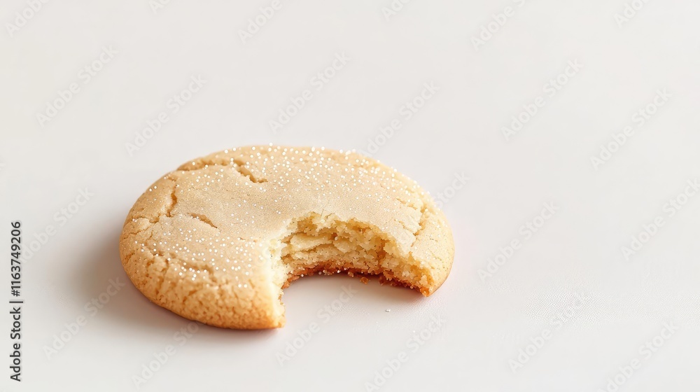 Poster minimal cookies idea. a close-up view of a cookie with a bite taken out on a minimal background.