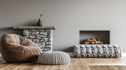 A modern living room with a contemporary stone fireplace, a soft brown armchair, and a knitted floor cushion in muted grey tones, set on natural wood floors