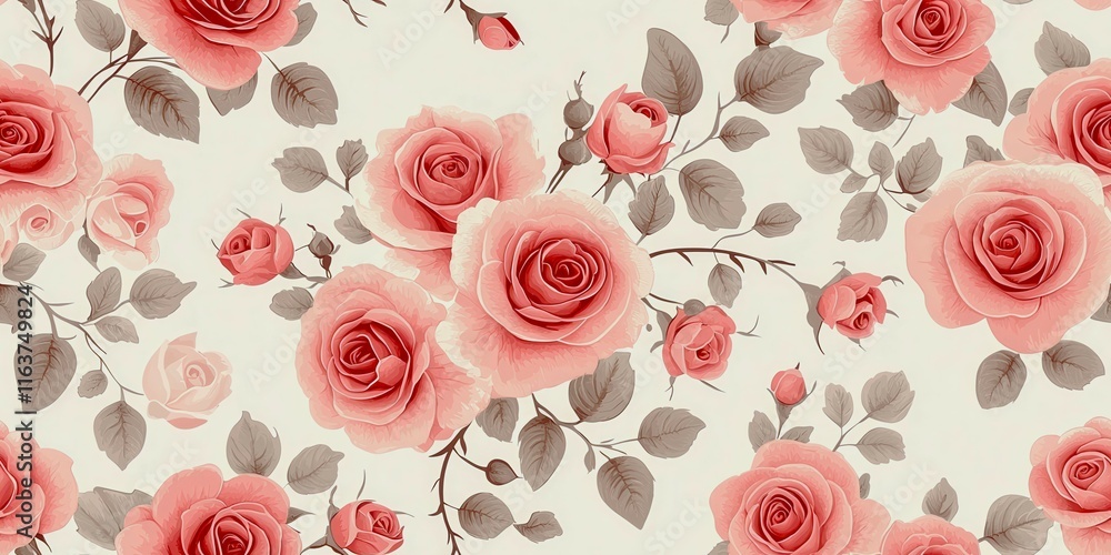 Poster a floral pattern of pink roses is displayed on a white background. the roses are arranged in a way t