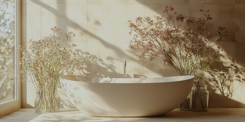A large white bathtub is surrounded by flowers and vases. The bathroom is bright and inviting, with a sunny window providing natural light. The flowers and vases add a touch of elegance