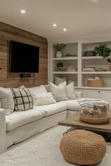 Obraz premium Stylish basement living space with open shelves and cozy modern home interior design bright atmosphere warm environment inviting viewpoint