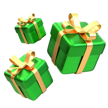Three green gifts with gold ribbons, arranged in a 3D design with a transparent background in PNG format, serving as design elements or gift icons