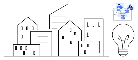 Black and white linear cityscape with modern buildings, light bulb, and small e-commerce scene with people shopping. Ideal for urban planning, innovation, e-commerce, business, technology, smart