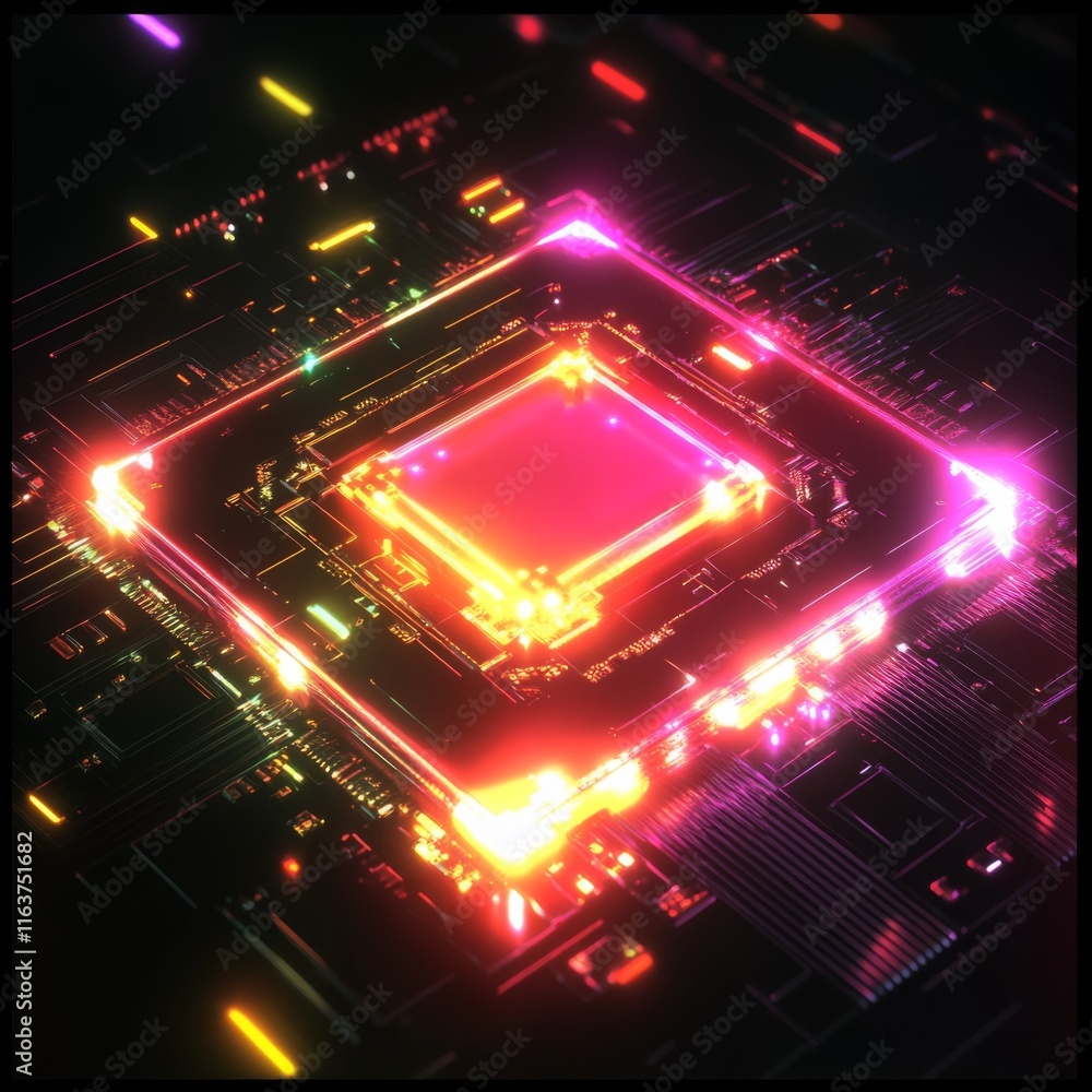 Poster glowing central processing unit on circuit board.