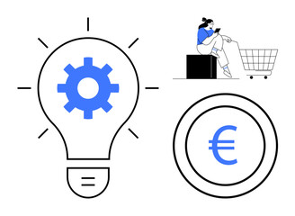 Lightbulb with gear inside, woman sitting on a cube with a cart, Euro sign in circle. Ideal for business strategy, e-commerce, innovation, financial planning, entrepreneurship, creative thinking